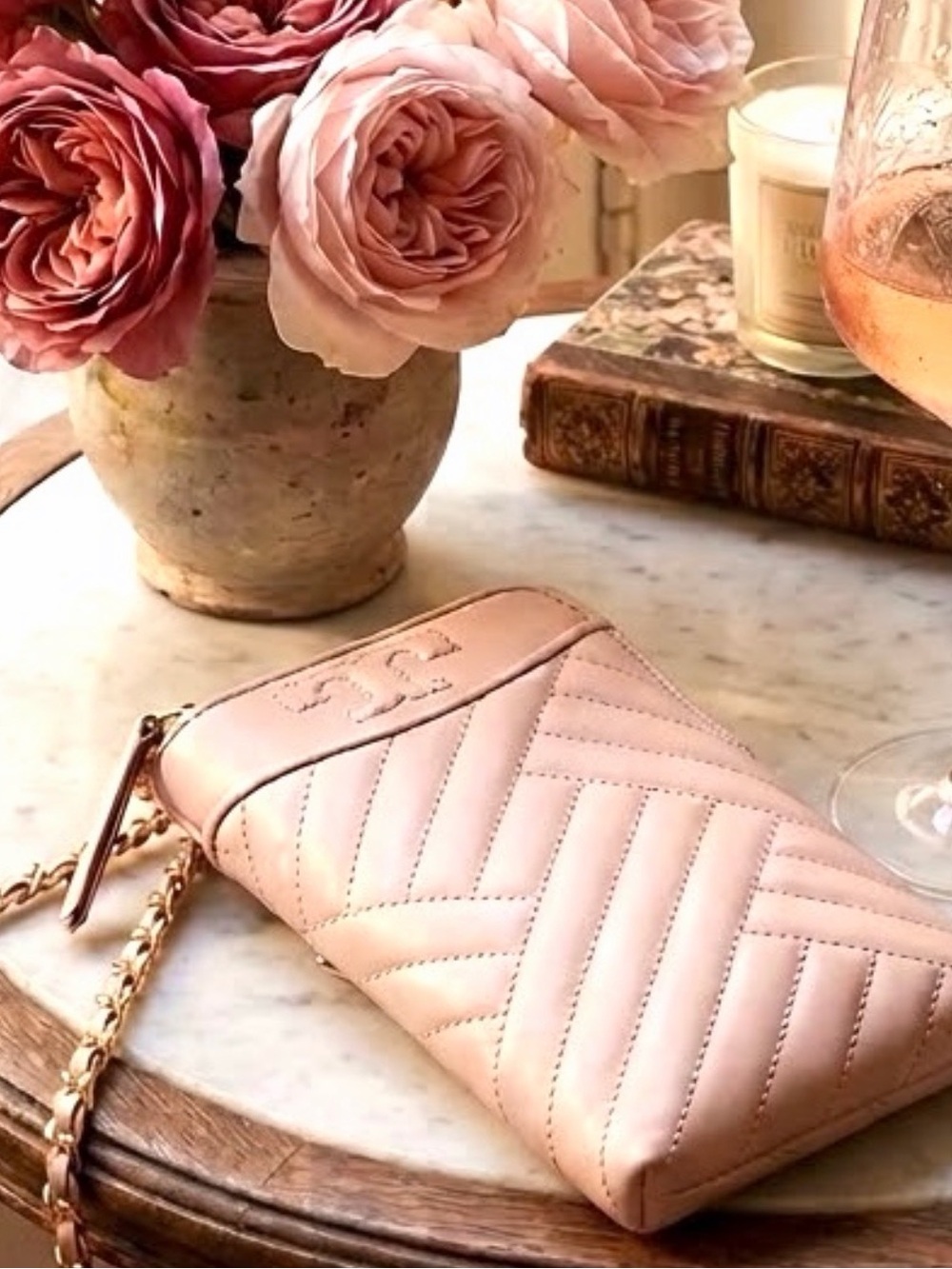 Tory Burch Alexa Phone Leather Crossbody Bag Pink Woven Chain Leather Strap